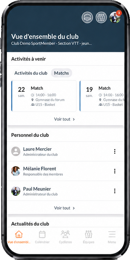 La vue d'ensemble du club dans l'application SportMember